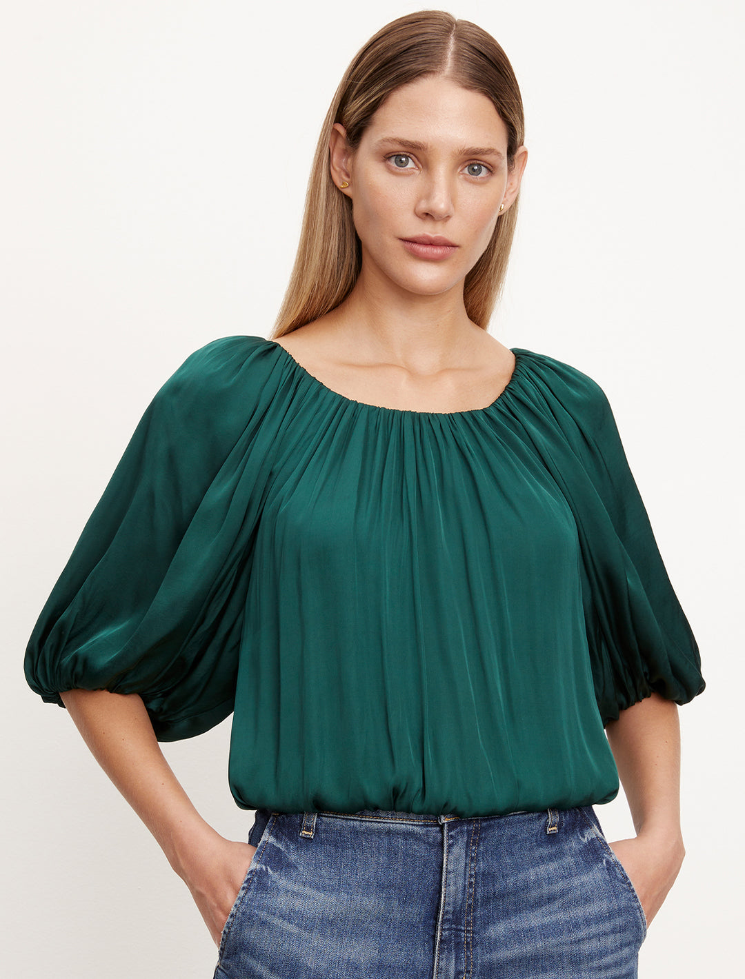 Model wearing Velvet's tami blouse in fern.