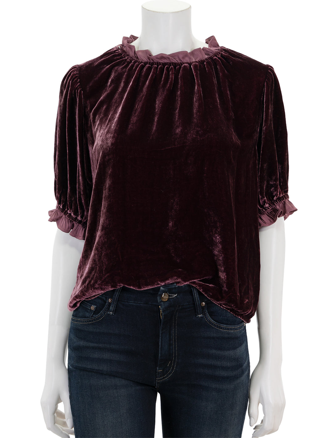 Front view of Velvet's val top in wineberry.