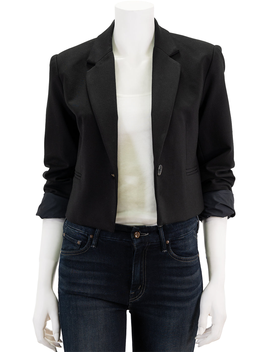 Front view of Velvet's anya blazer in black, unbuttoned.