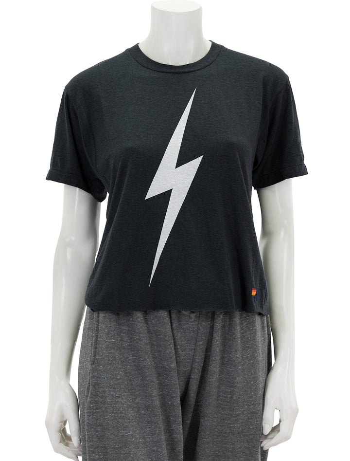 Front view of Aviator Nation's bolt boyfriend tee in charcoal.