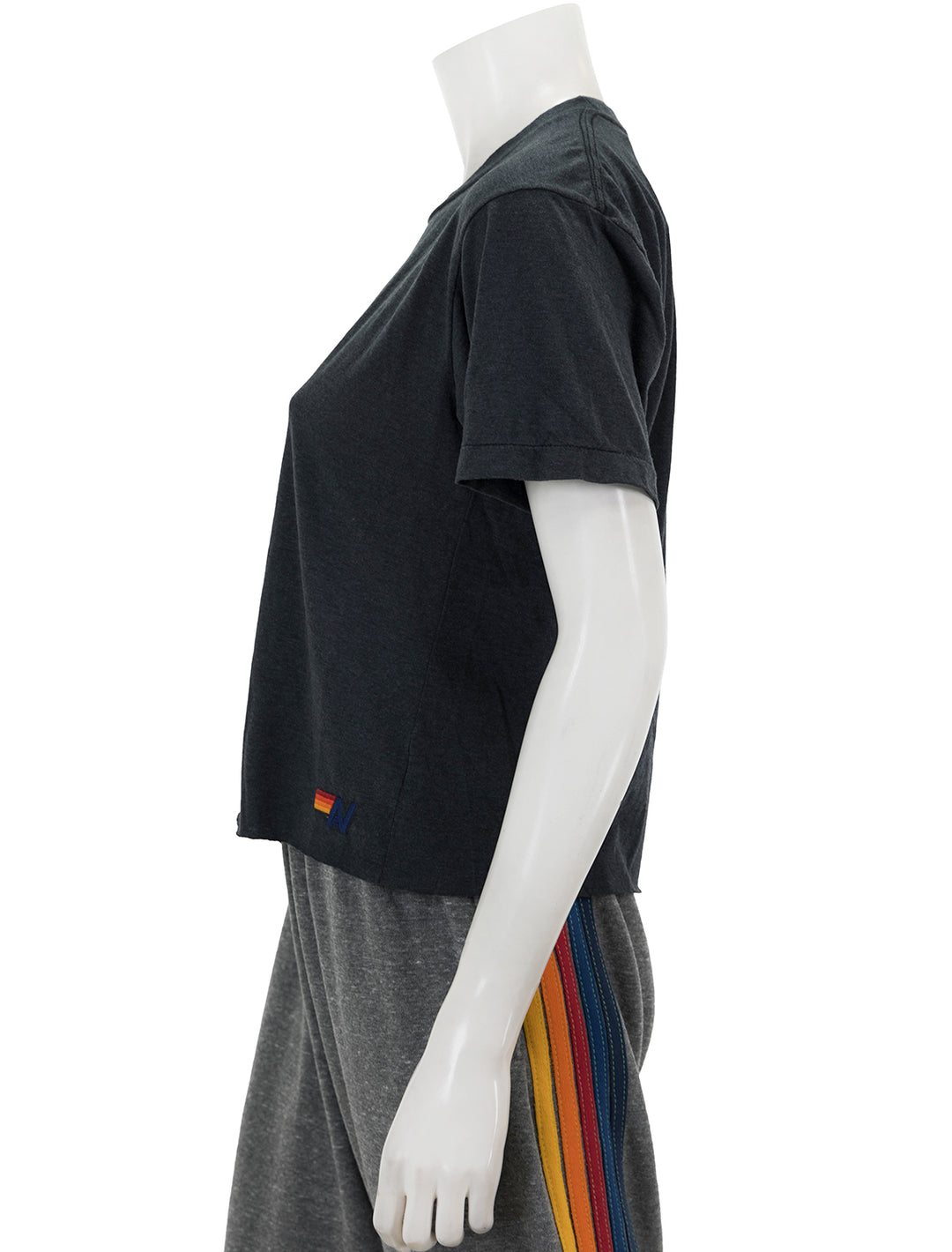 Side view of Aviator Nation's bolt boyfriend tee in charcoal.