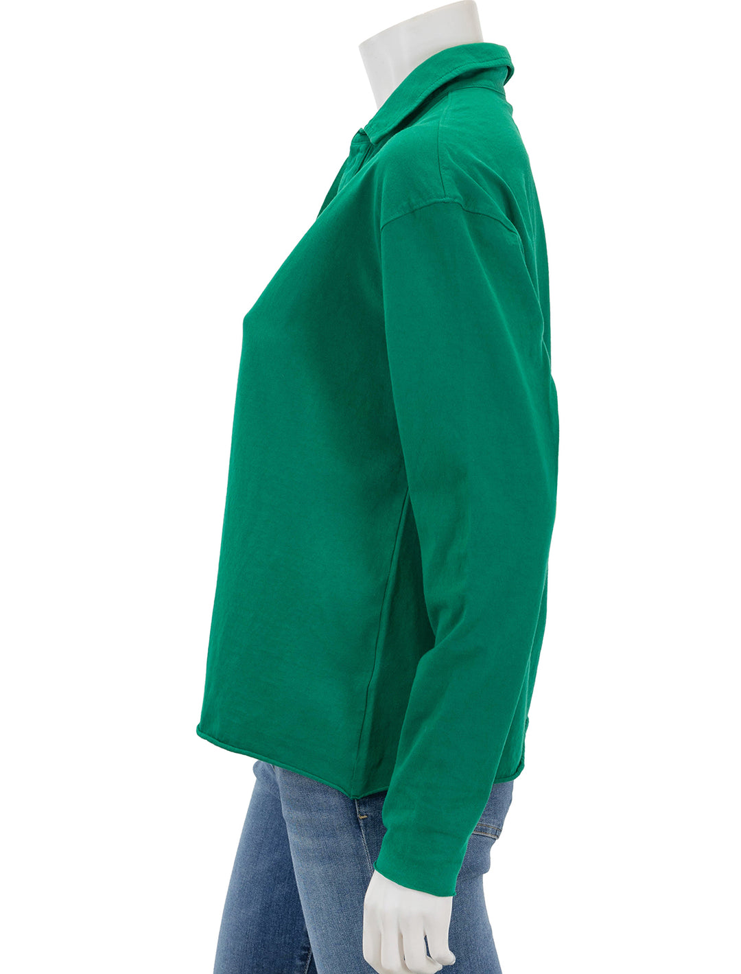 Side view of Frank & Eileen's popover henley in clover.
