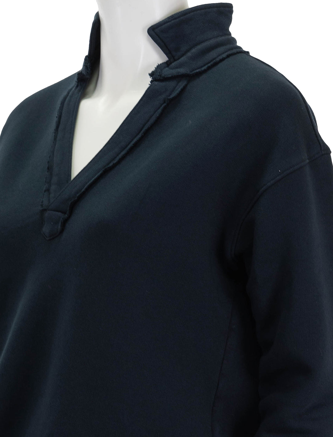 Close-up view of Frank & Eileen's popover fleece henley in british royal navy.