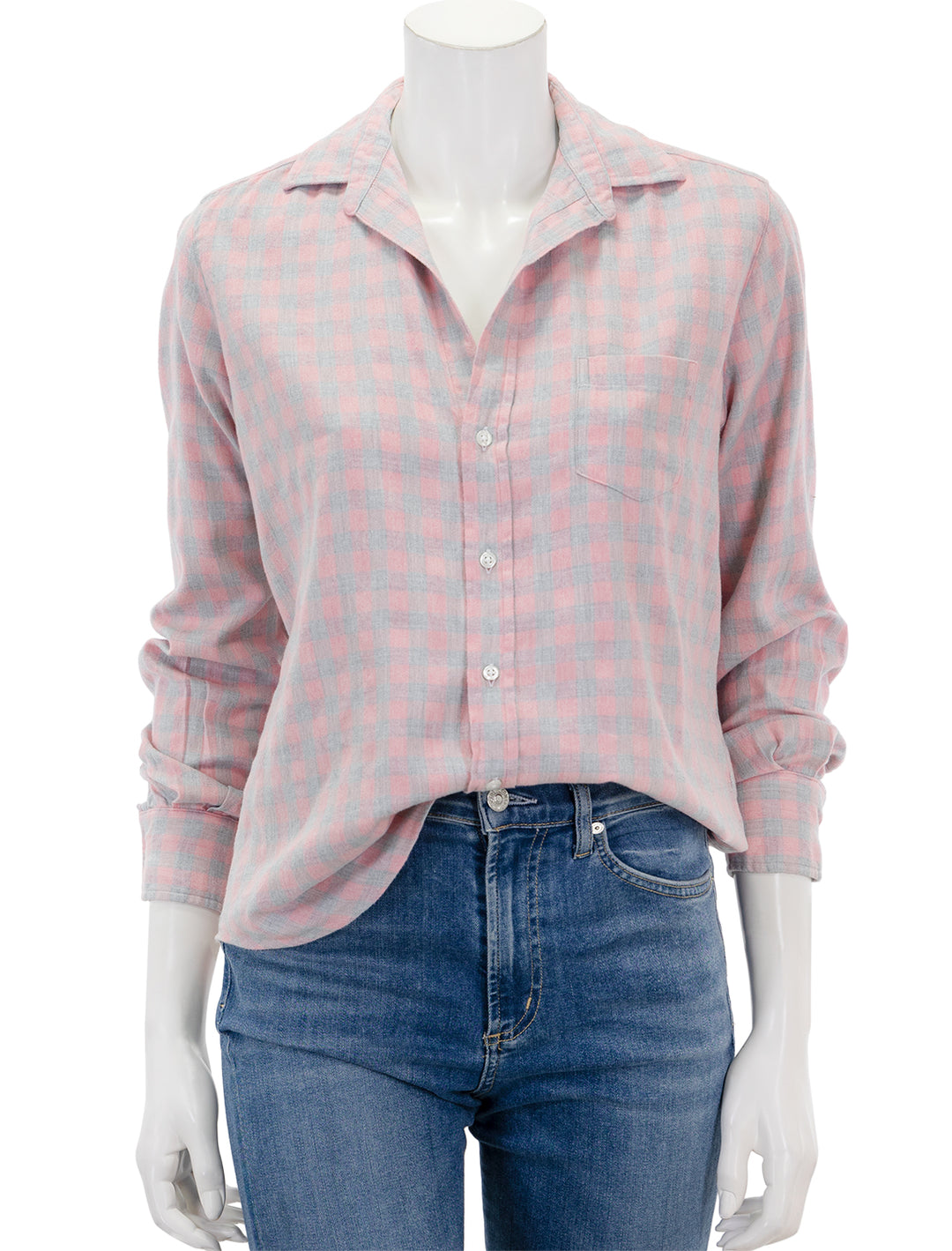 Front view of Frank & Eileen's eileen in grey and pink check flannel.