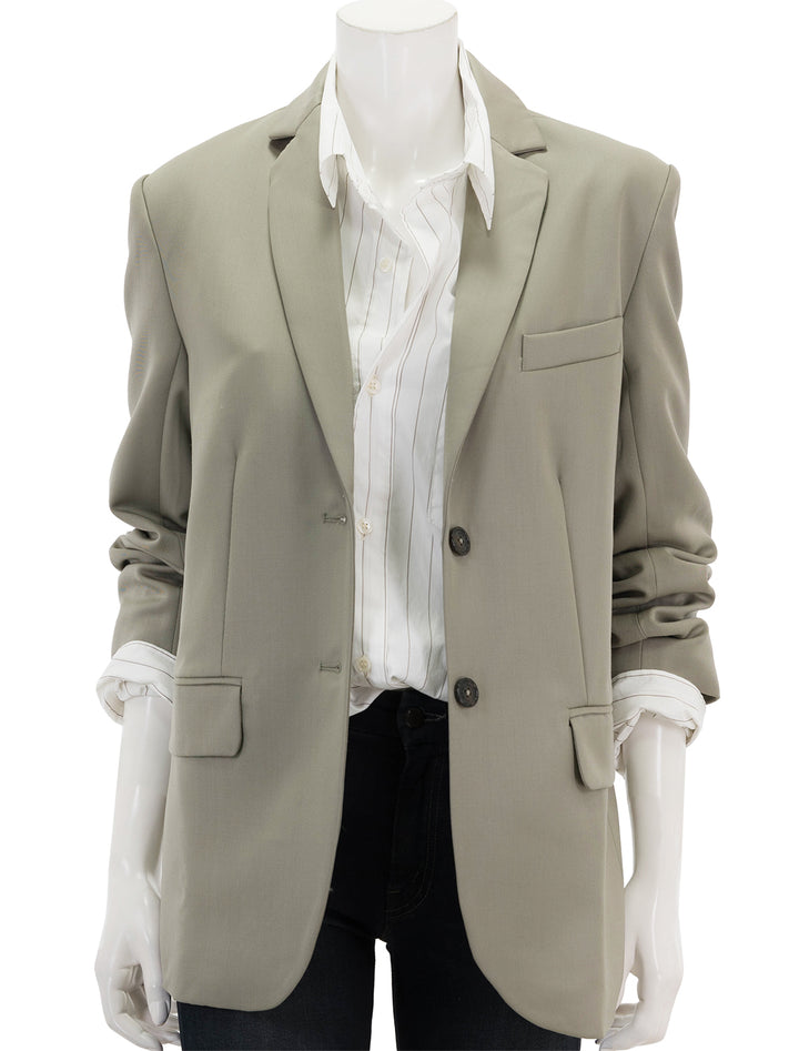 Front view of Anine Bing's quinn blazer in green khaki, unbuttoned.