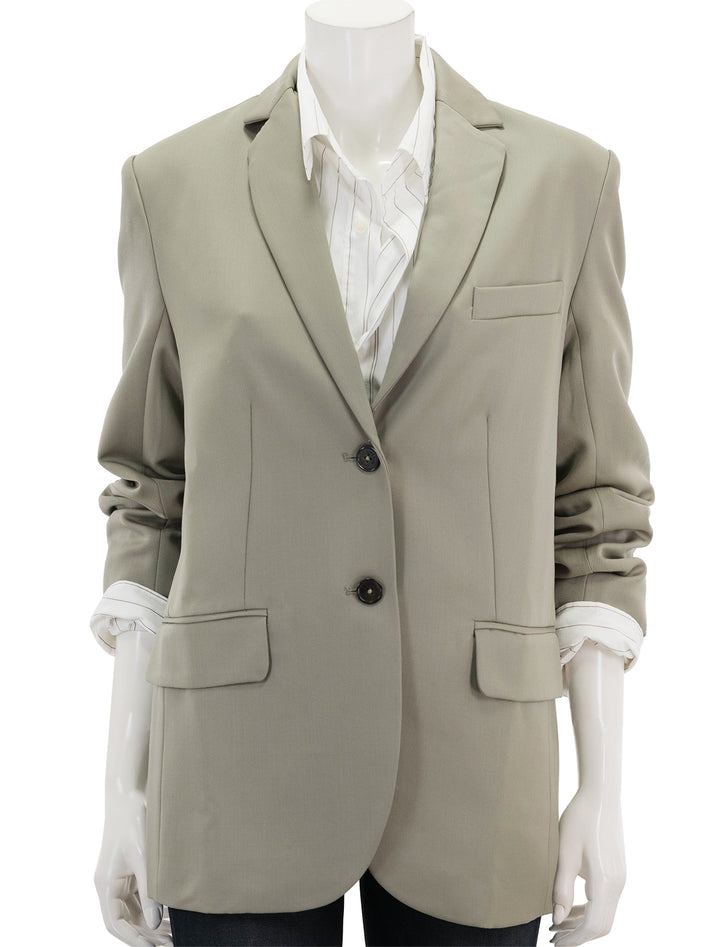 Front view of Anine Bing's quinn blazer in green khaki, buttoned.