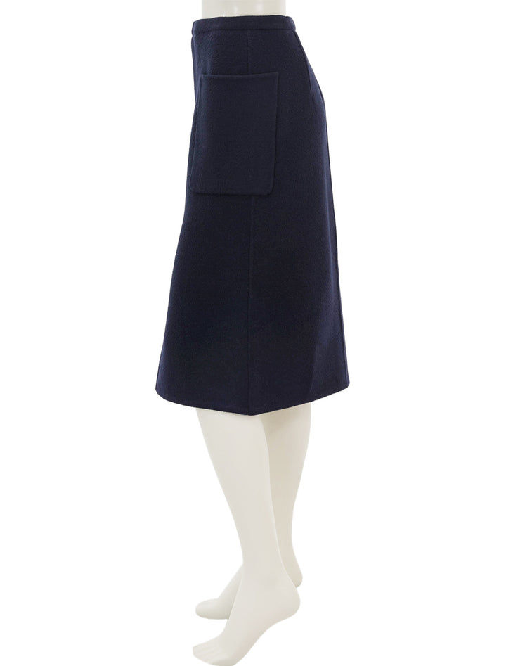 Side view of Vince's brushed wool pencil skirt in deep caspian.