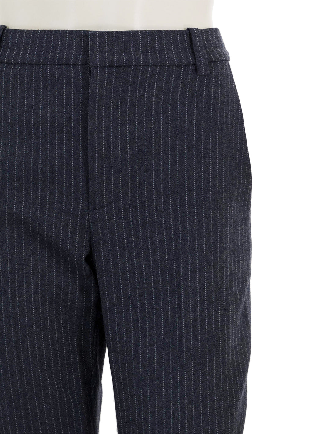 Close-up view of Vince's pinstripe flannel trouser in dark obsidian.