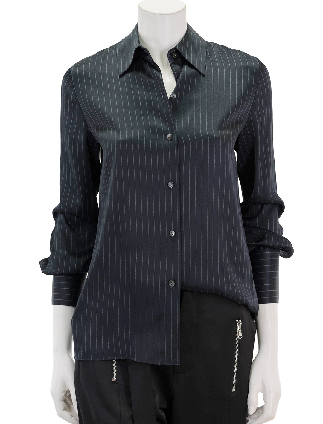 Front view of Vince's pinstripe long sleeve shirt in dark obsidian.