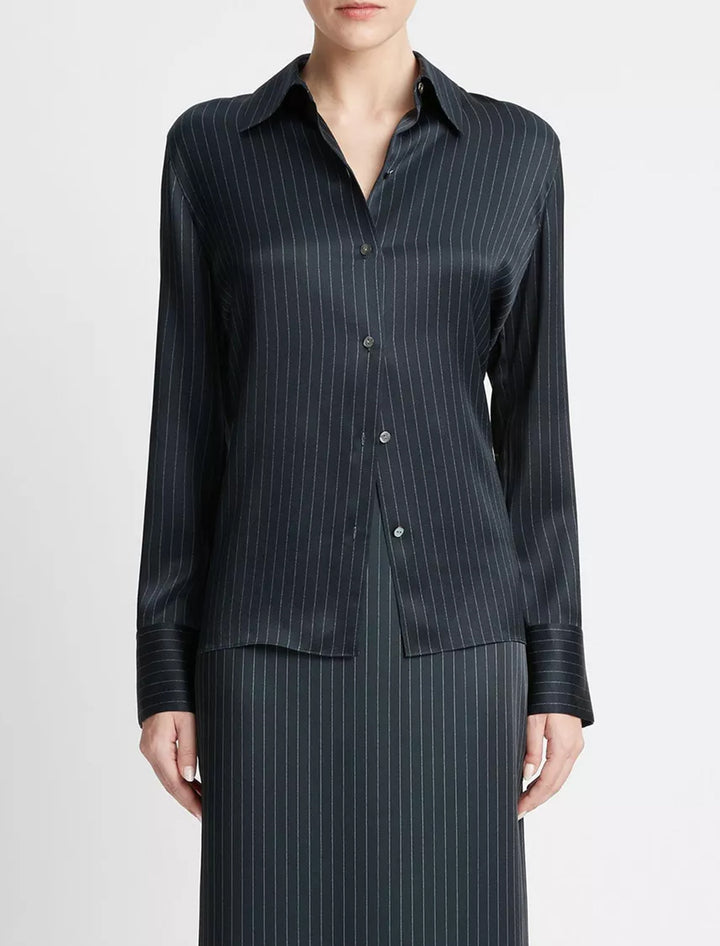 Model wearing Vince's pinstripe long sleeve shirt in dark obsidian.