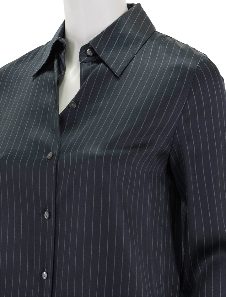 Close-up view of Vince's pinstripe long sleeve shirt in dark obsidian.