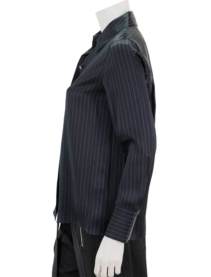 Side view of Vince's pinstripe long sleeve shirt in dark obsidian.