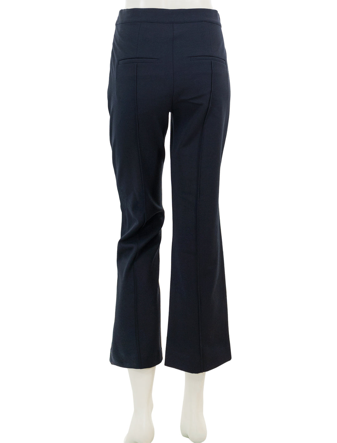 Back view of Vince's mid rise pintuck crop flare pant in coastal.