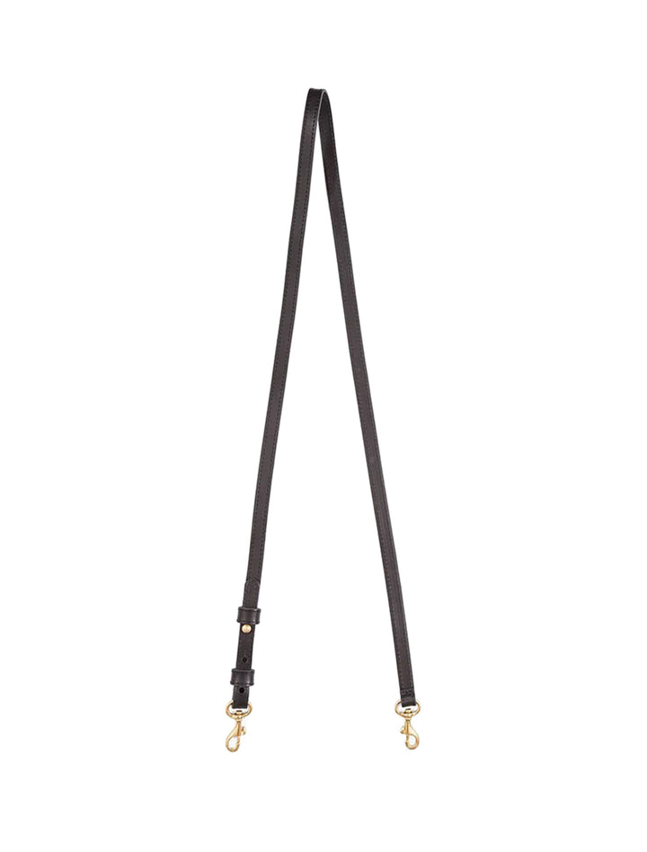 Overhead view of Clare V.'s adjustable crossbody strap in black.