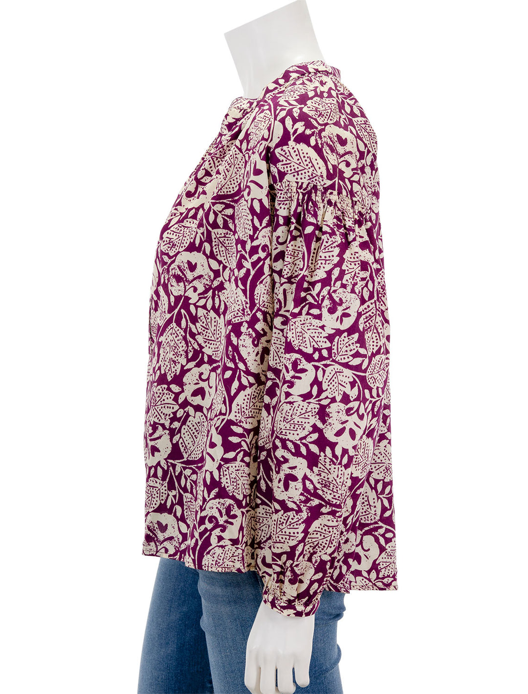 Side view of Vanessa Bruno's nipoa top in plum floral.