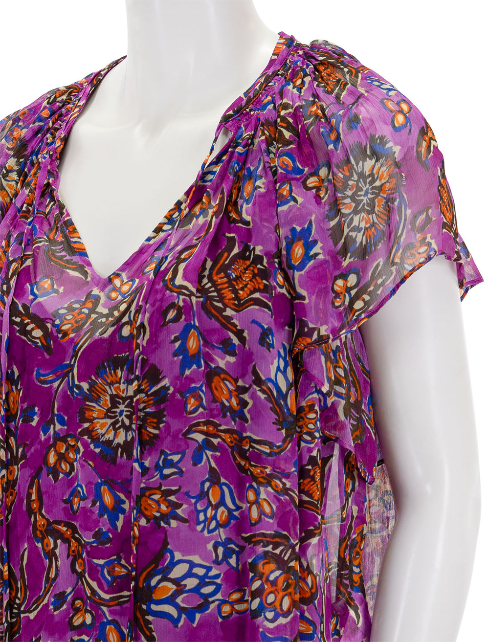 Close-up view of Vanessa Bruno's cantin top in violet floral.