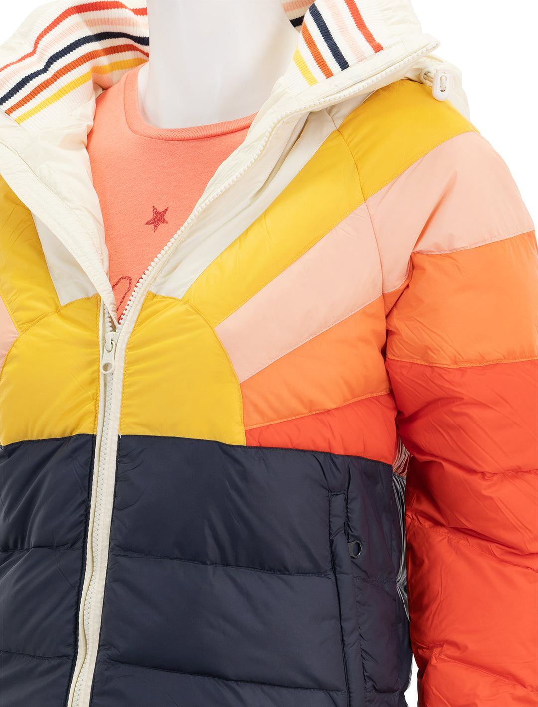 Close-up view of Marine Layer's archive apres sunset puffer.