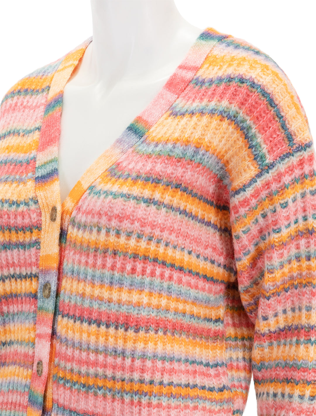 Close-up view of Marine Layer's dream yarn cardigan in warm stripe.