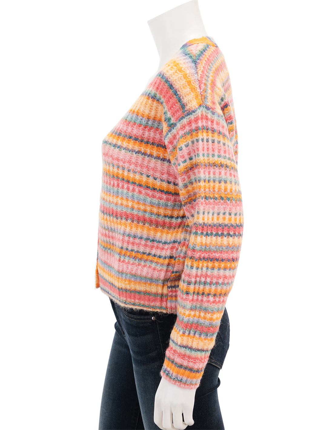 Side view of Marine Layer's dream yarn cardigan in warm stripe.