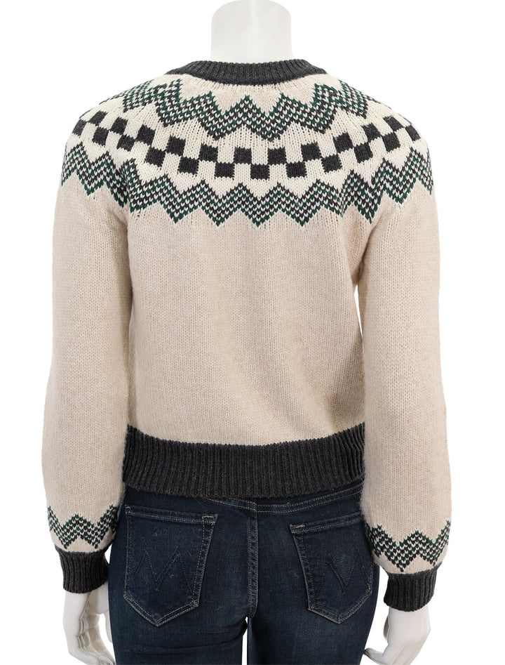 Back view of Marine Layer's ava fair isle cardigan in oatmeal heather.