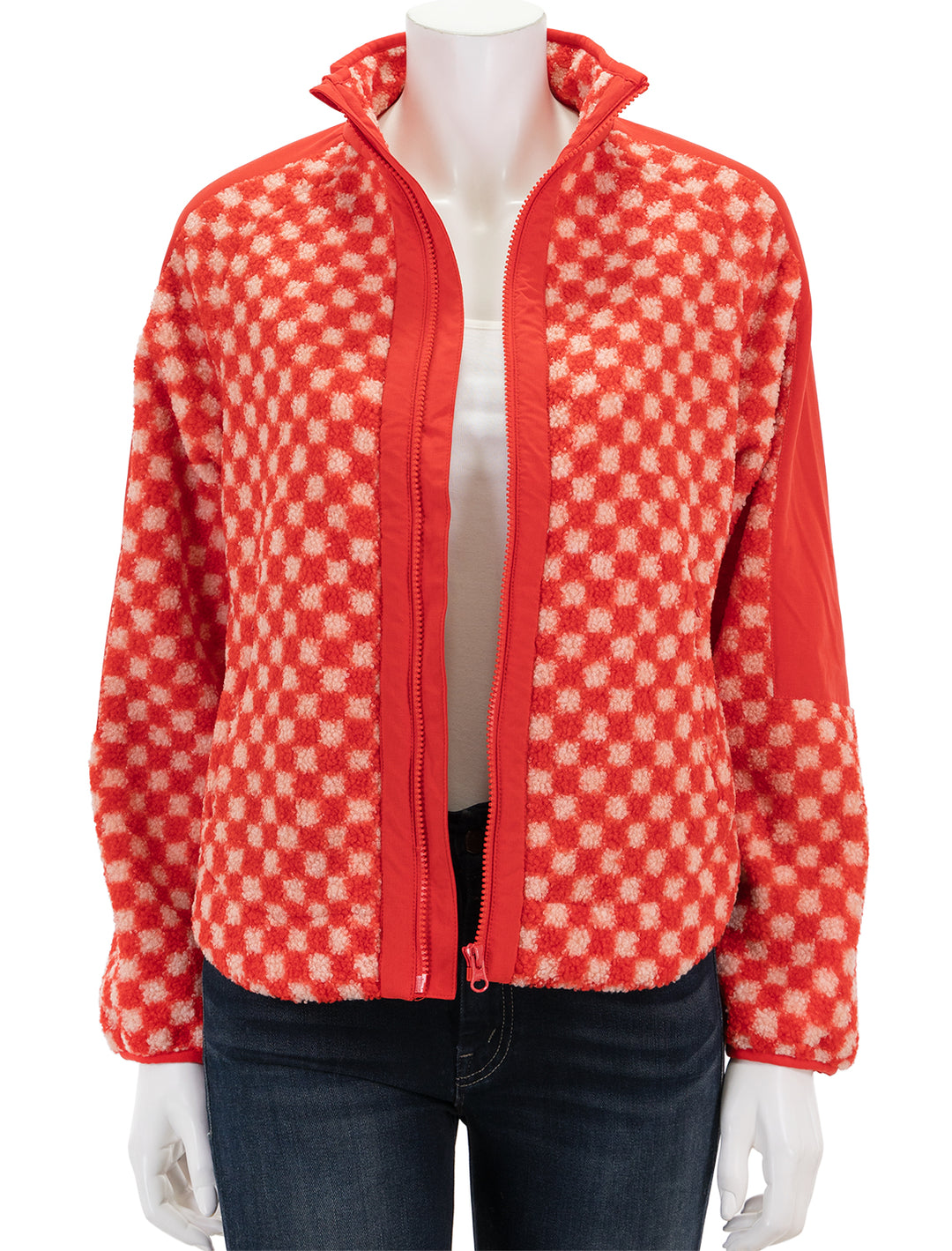 Front view of Marine Layer's blaire sherpa jacket in poinciana checkerboard, unzipped.