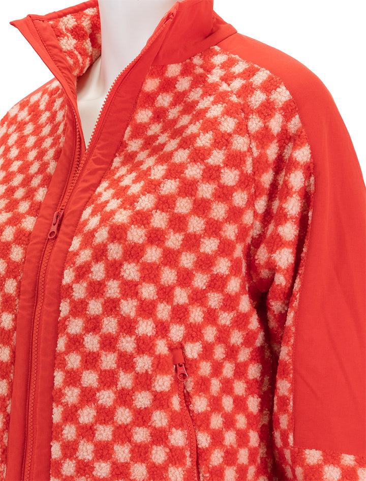Close-up view of Marine Layer's blaire sherpa jacket in poinciana checkerboard.