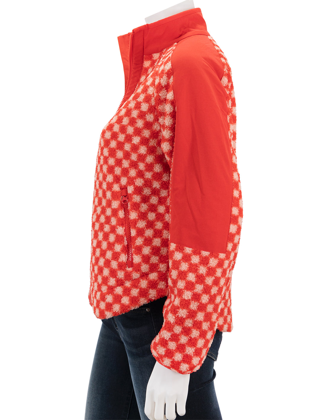 Side view of Marine Layer's blaire sherpa jacket in poinciana checkerboard.