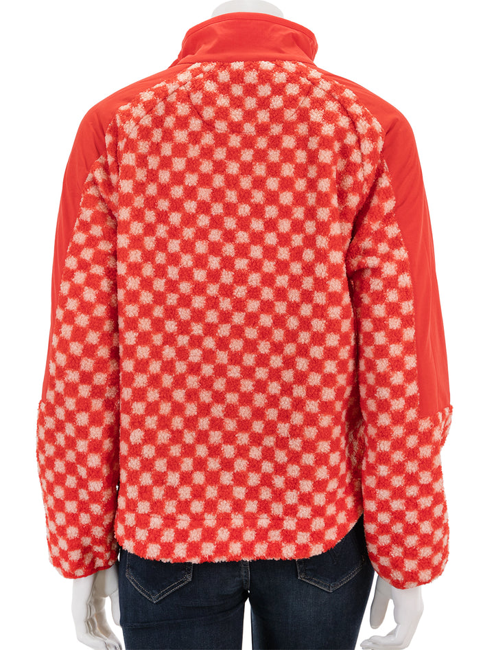 Back view of Marine Layer's blaire sherpa jacket in poinciana checkerboard.