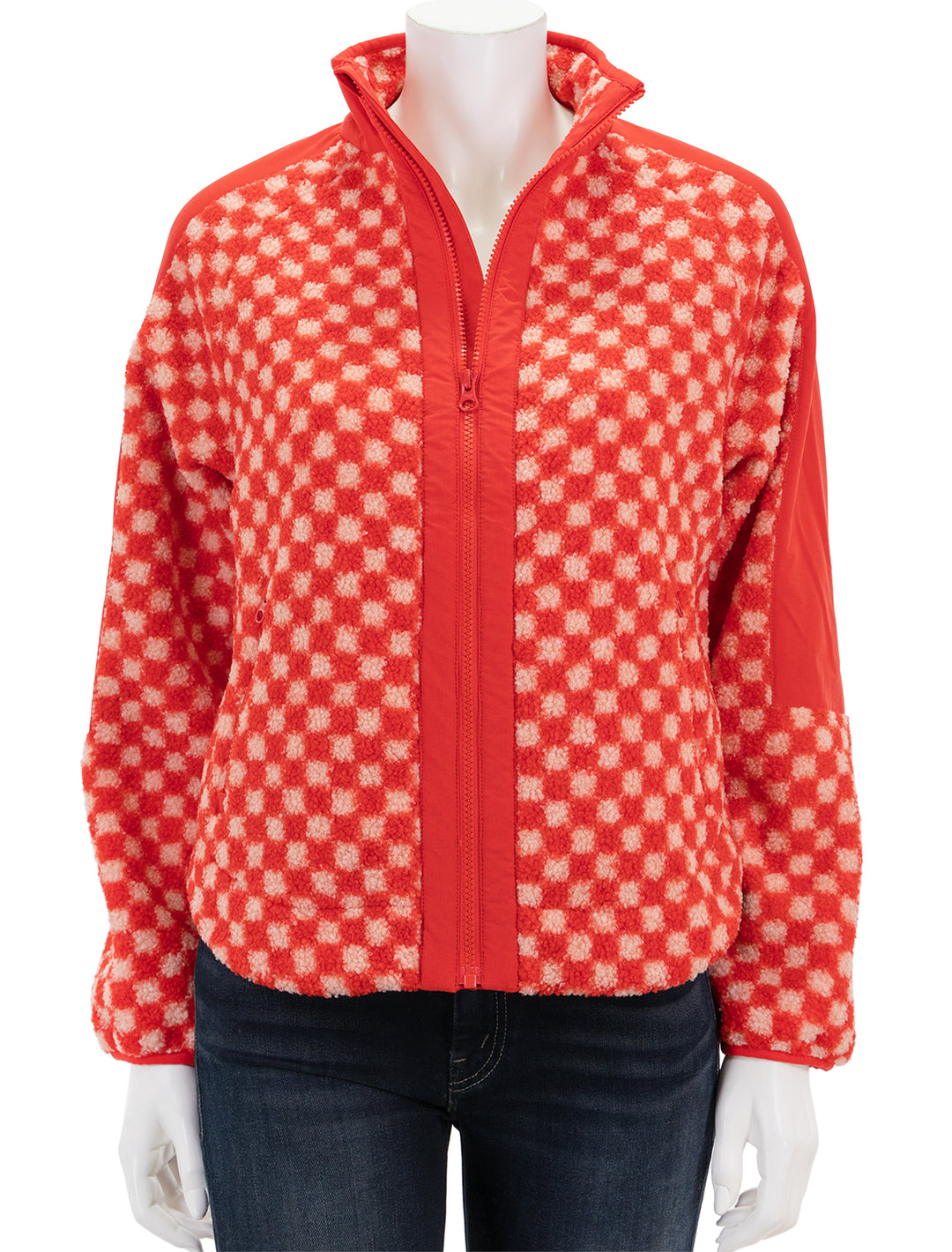 Front view of Marine Layer's blaire sherpa jacket in poinciana checkerboard, zipped.