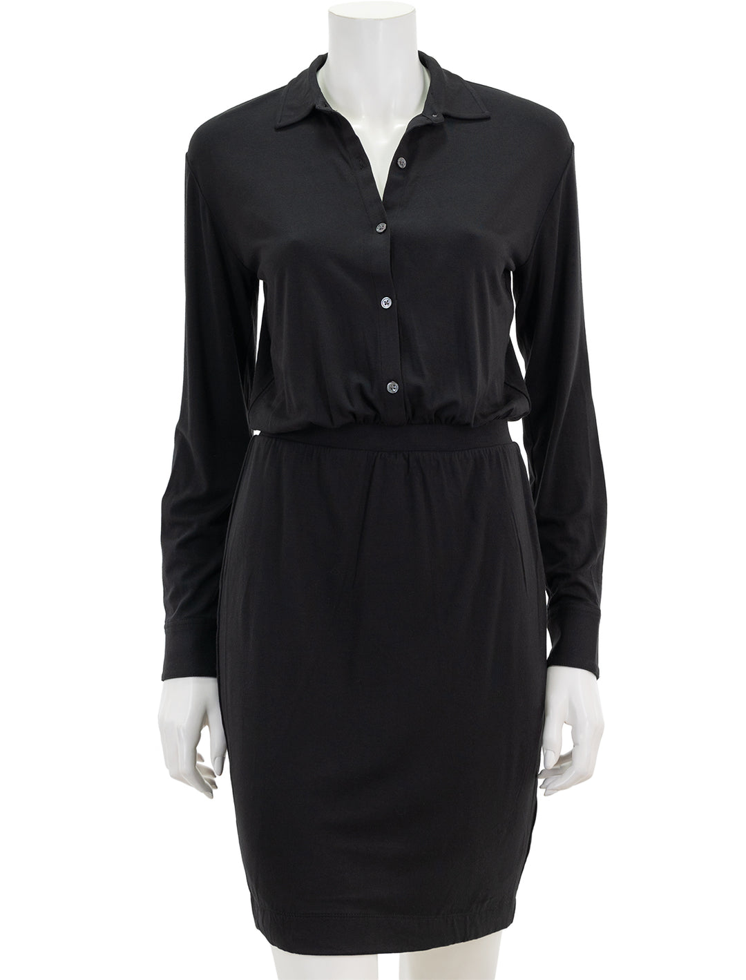 Front view of ATM's matte jersey long sleeve shirt dress in black.