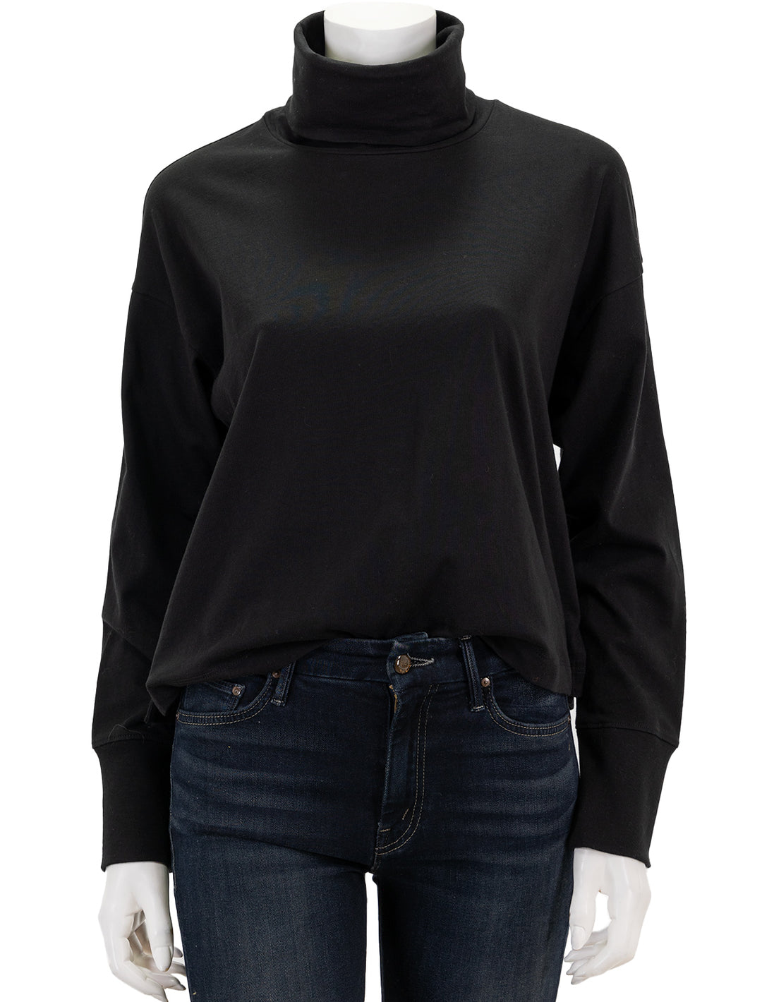Front view of ATM's heavy cotton oversized turtleneck in black.