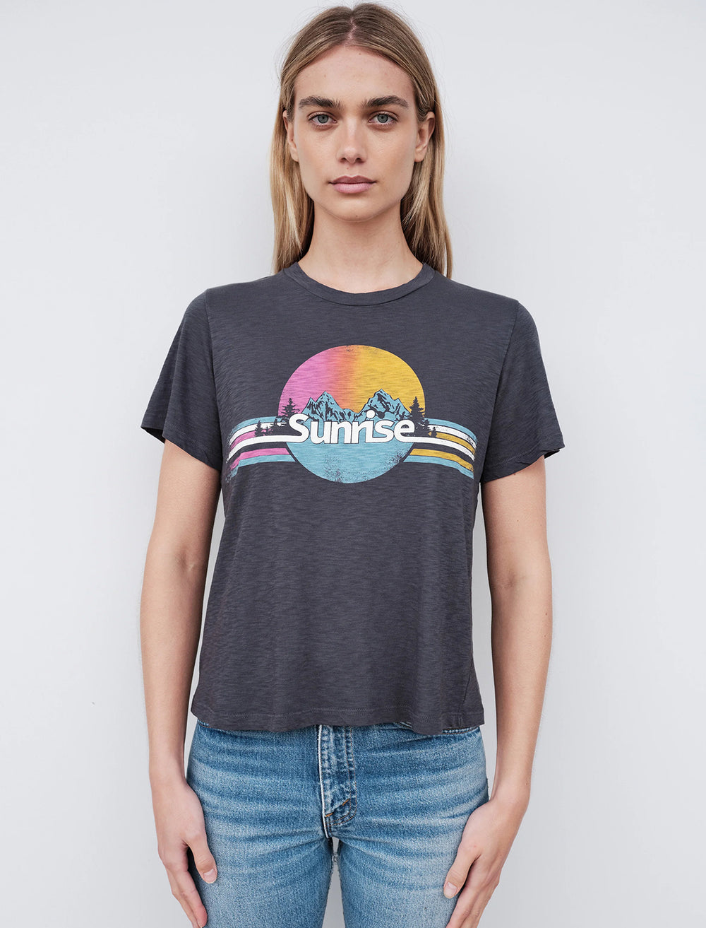 Model wearing Sundry's sunrise boxy tee.