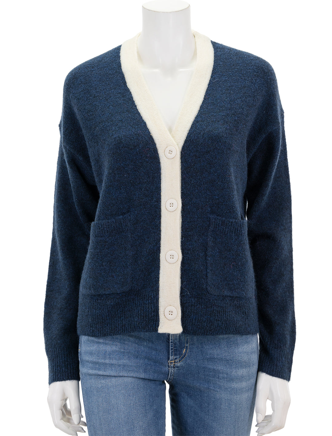 Front view of Sundry's heart boxy cardigan in midnight and cream.