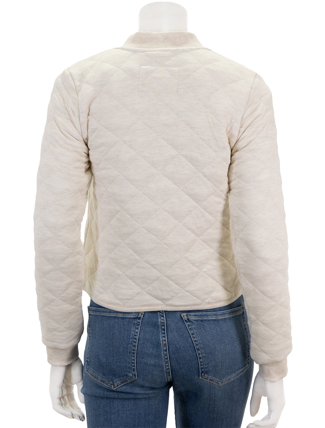 Back view of Marine Layer's updated corbet quilted bomber in antique white.