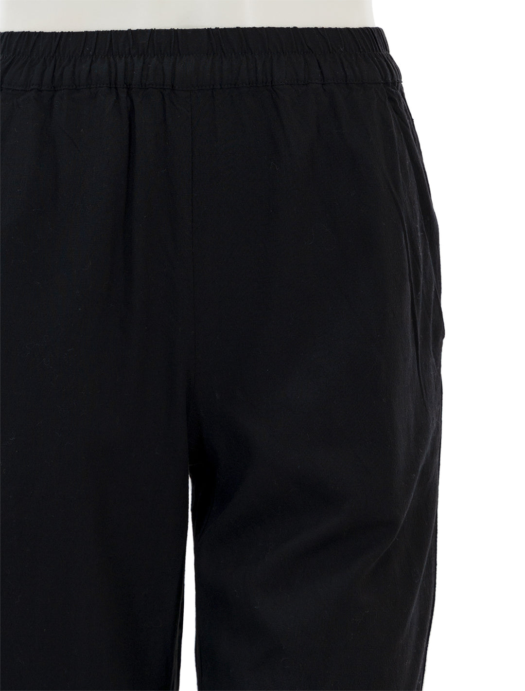 Close-up view of Marine Layer's wide leg allison pant in black.