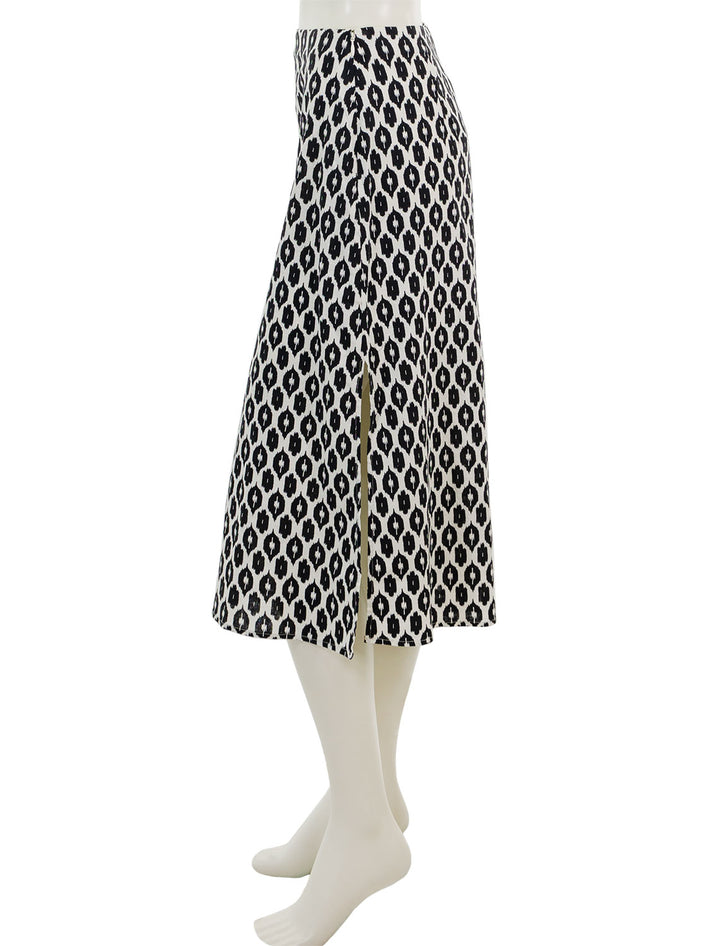 side view of ryan midi slip skirt in black and white ikat