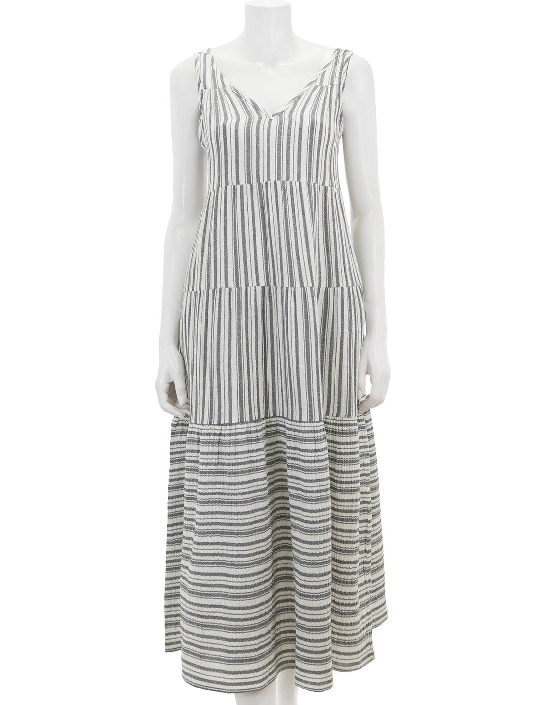 Front view of Marine Layer's corinne maxi dress in mixed black and white stripe.