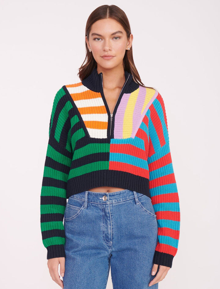 Model wearing STAUD's cropped hampton sweater in cabana stripe multi.