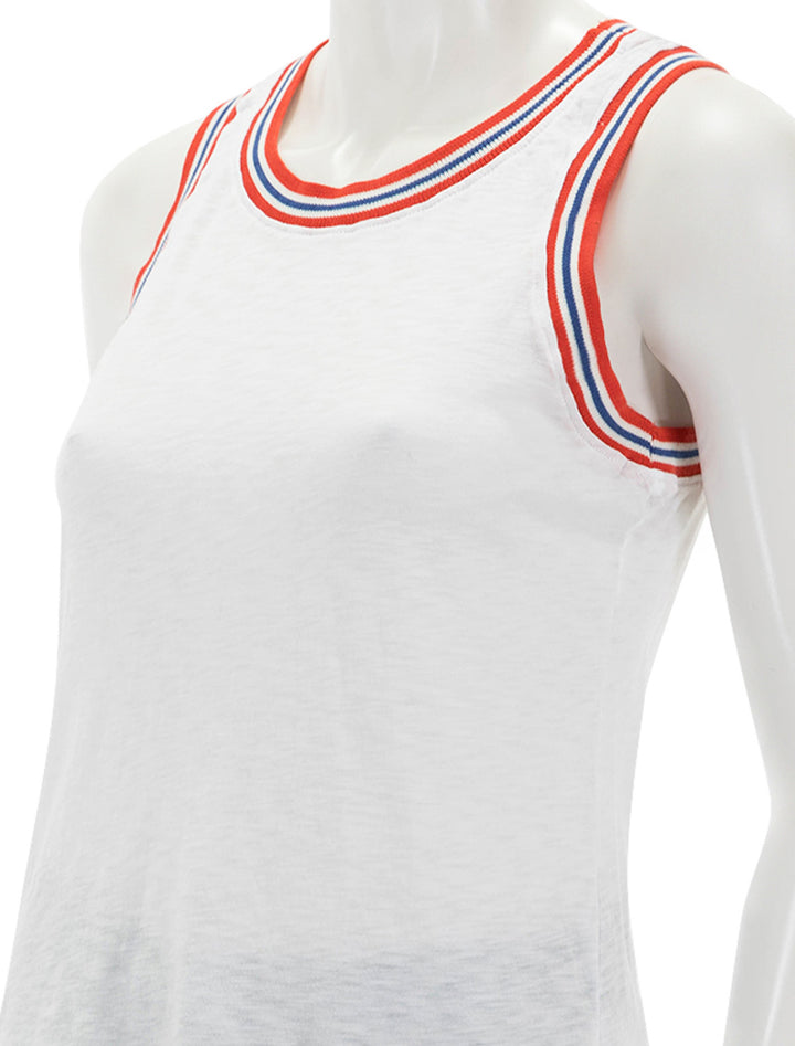 Close-up view of Sundry's ringer racerback tank in white.