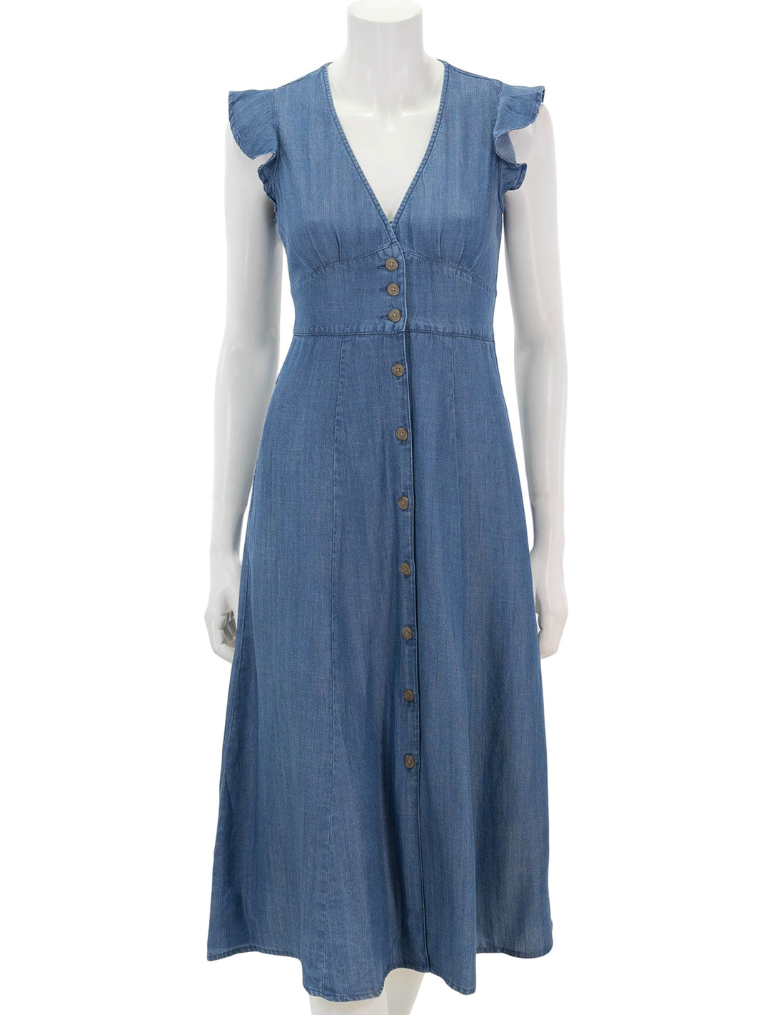 front view of camila midi dress in chambray
