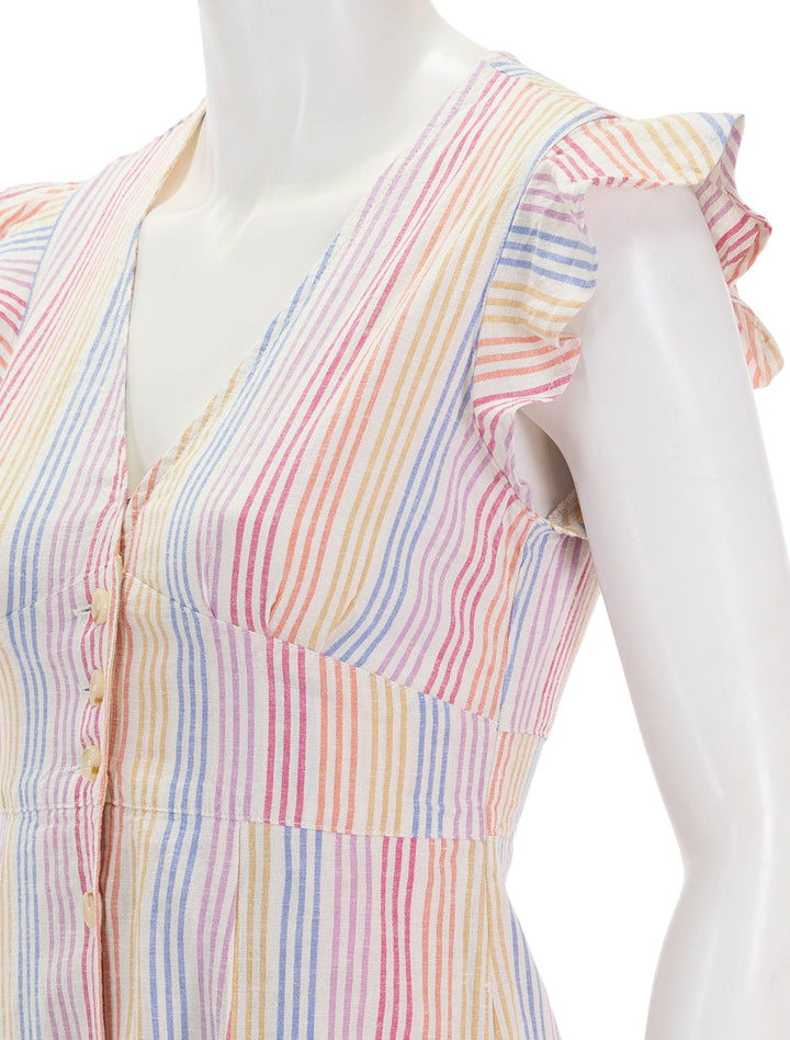 close up view of camila midi dress in warm rainbow stripe