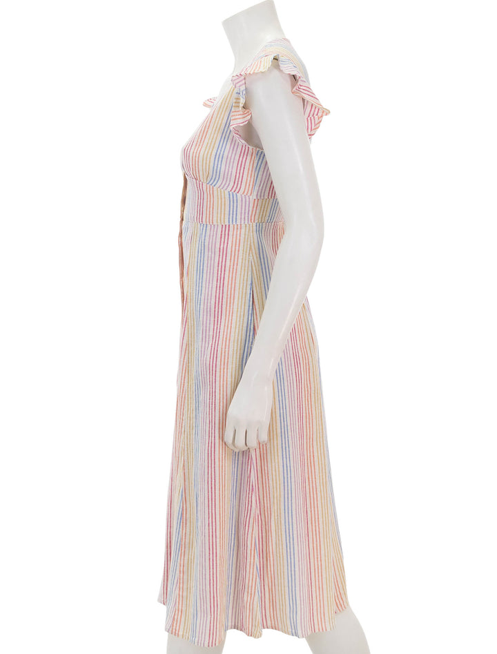 side view of camila midi dress in warm rainbow stripe