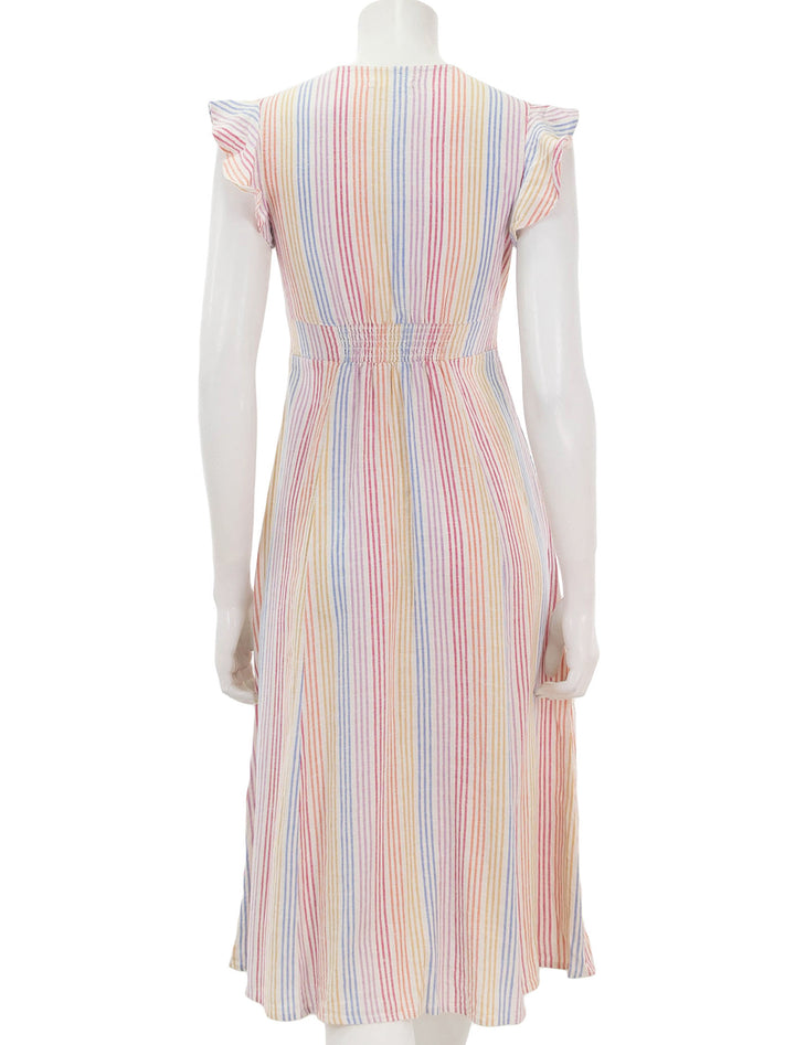 back view of camila midi dress in warm rainbow stripe