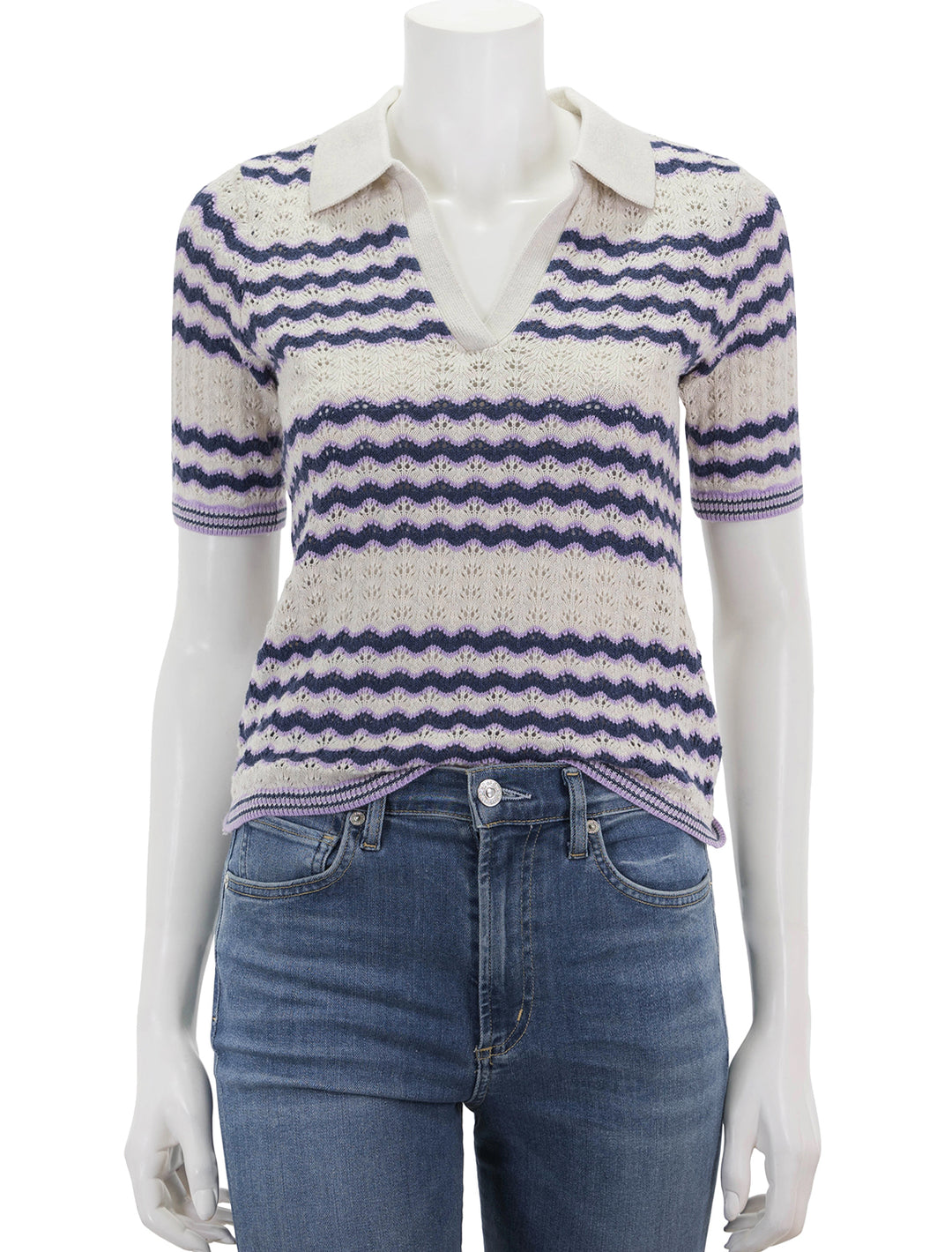 Front view of Marine Layer's spencer polo sweater in cool wave.