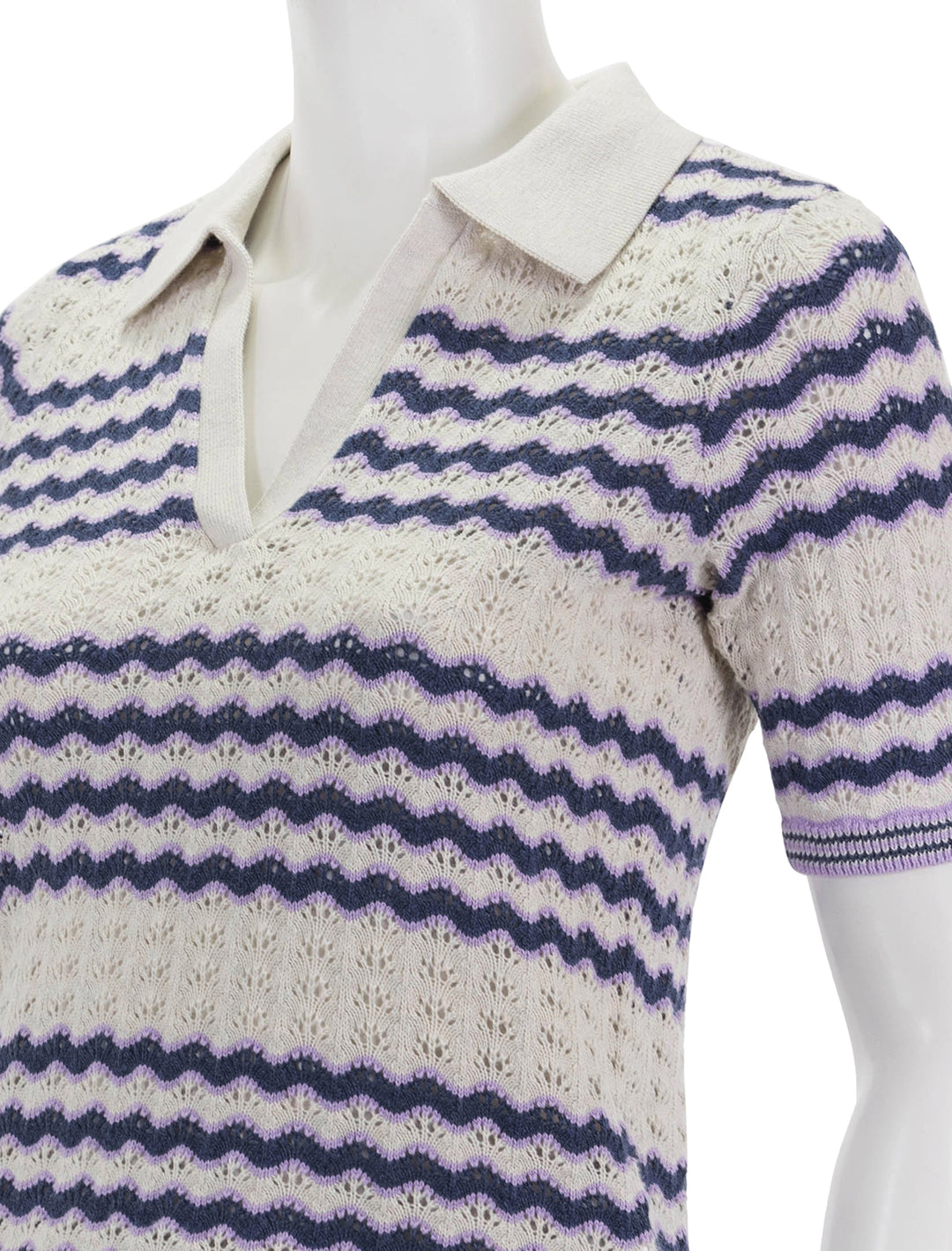 Close-up view of Marine Layer's spencer polo sweater in cool wave.