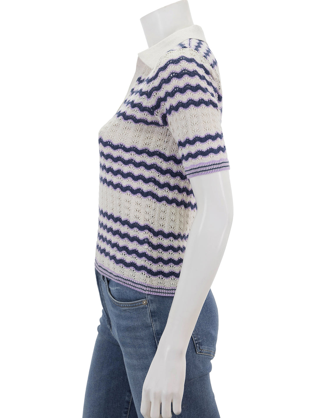 Side view of Marine Layer's spencer polo sweater in cool wave.