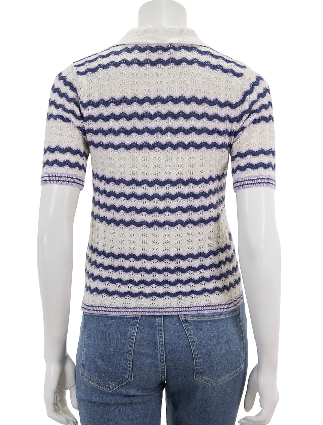 Back view of Marine Layer's spencer polo sweater in cool wave.