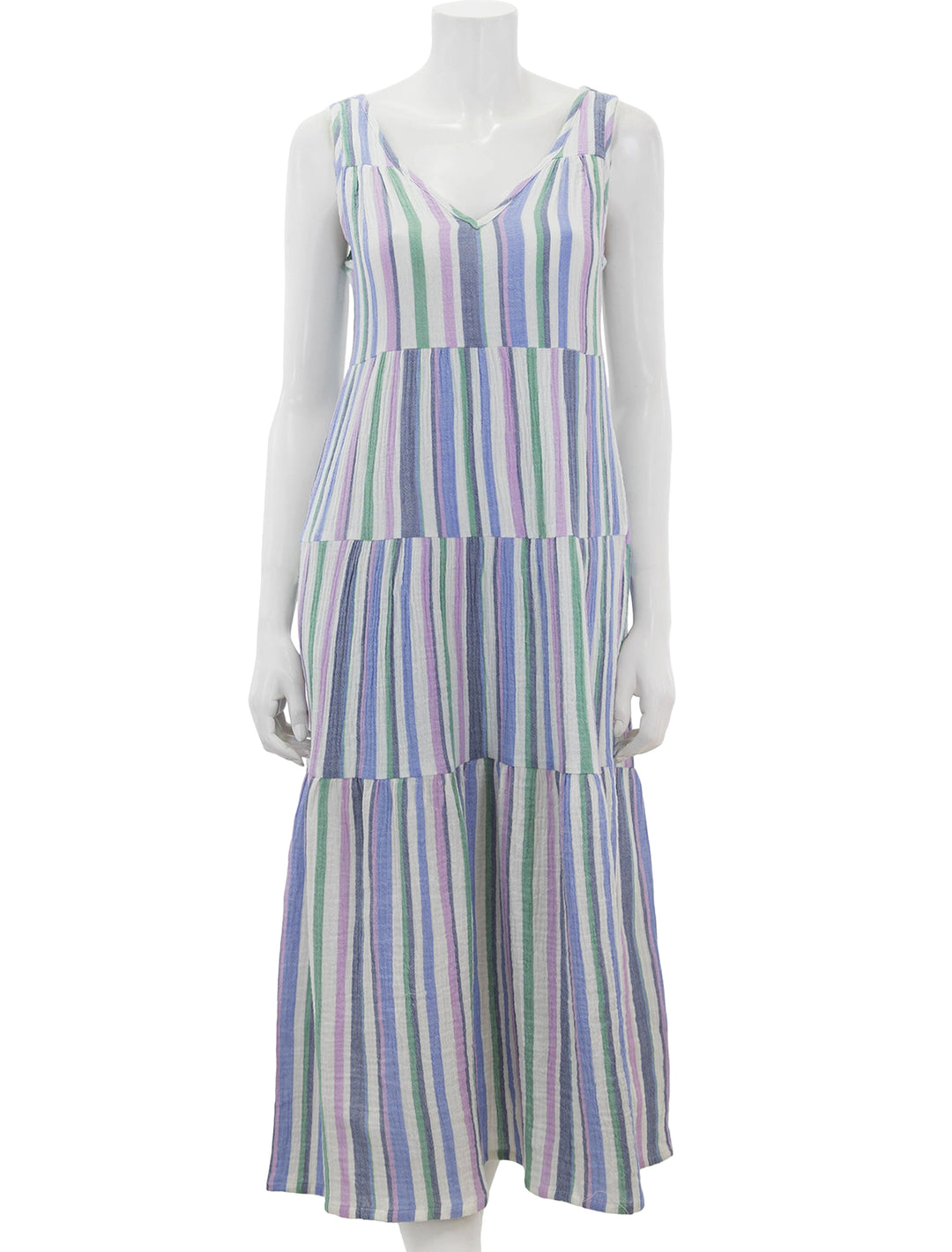 Front view of Marine Layer's corinne maxi dress in cool stripe.