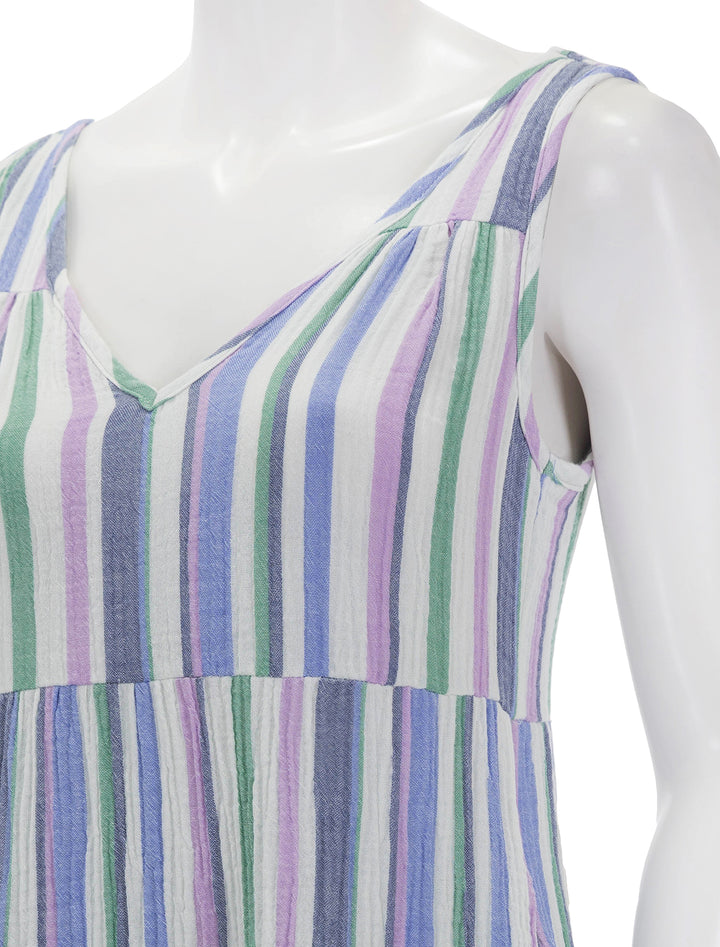 Close-up view of Marine Layer's corinne maxi dress in cool stripe.