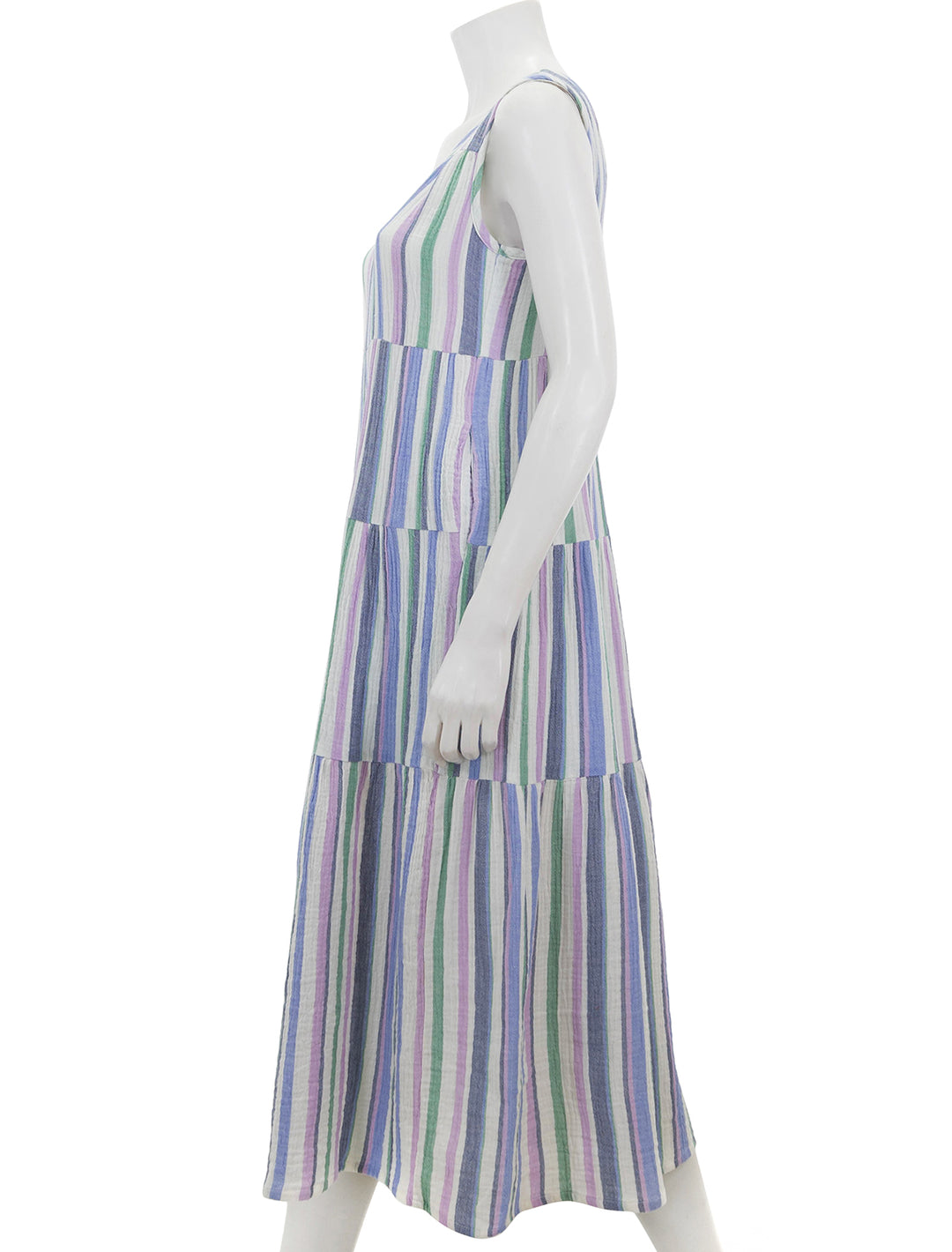 Side view of Marine Layer's corinne maxi dress in cool stripe.
